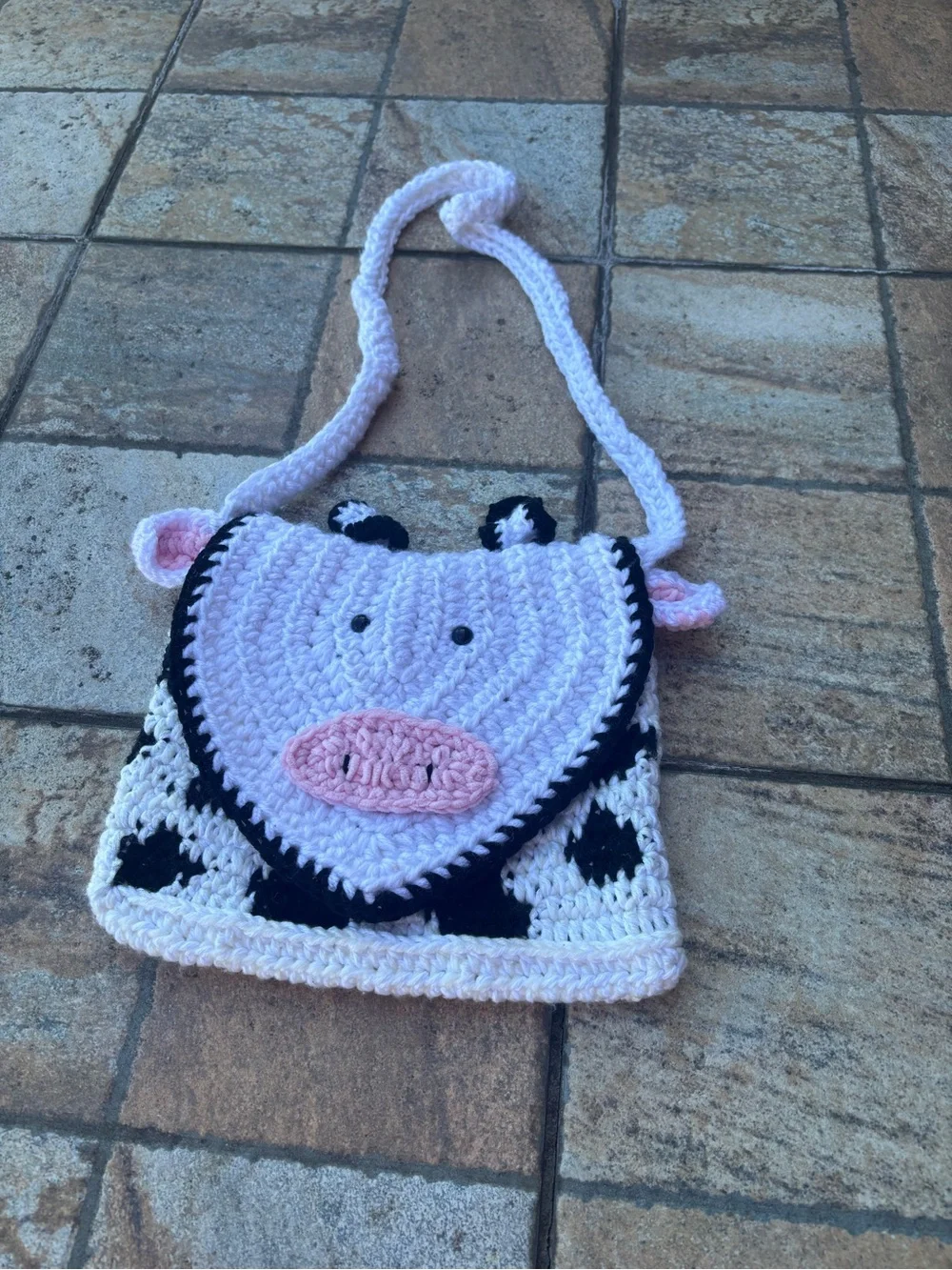 Handmade Crochet Cow Crossbody Bag | White & Black Cotton Yarn Kids Purse OS